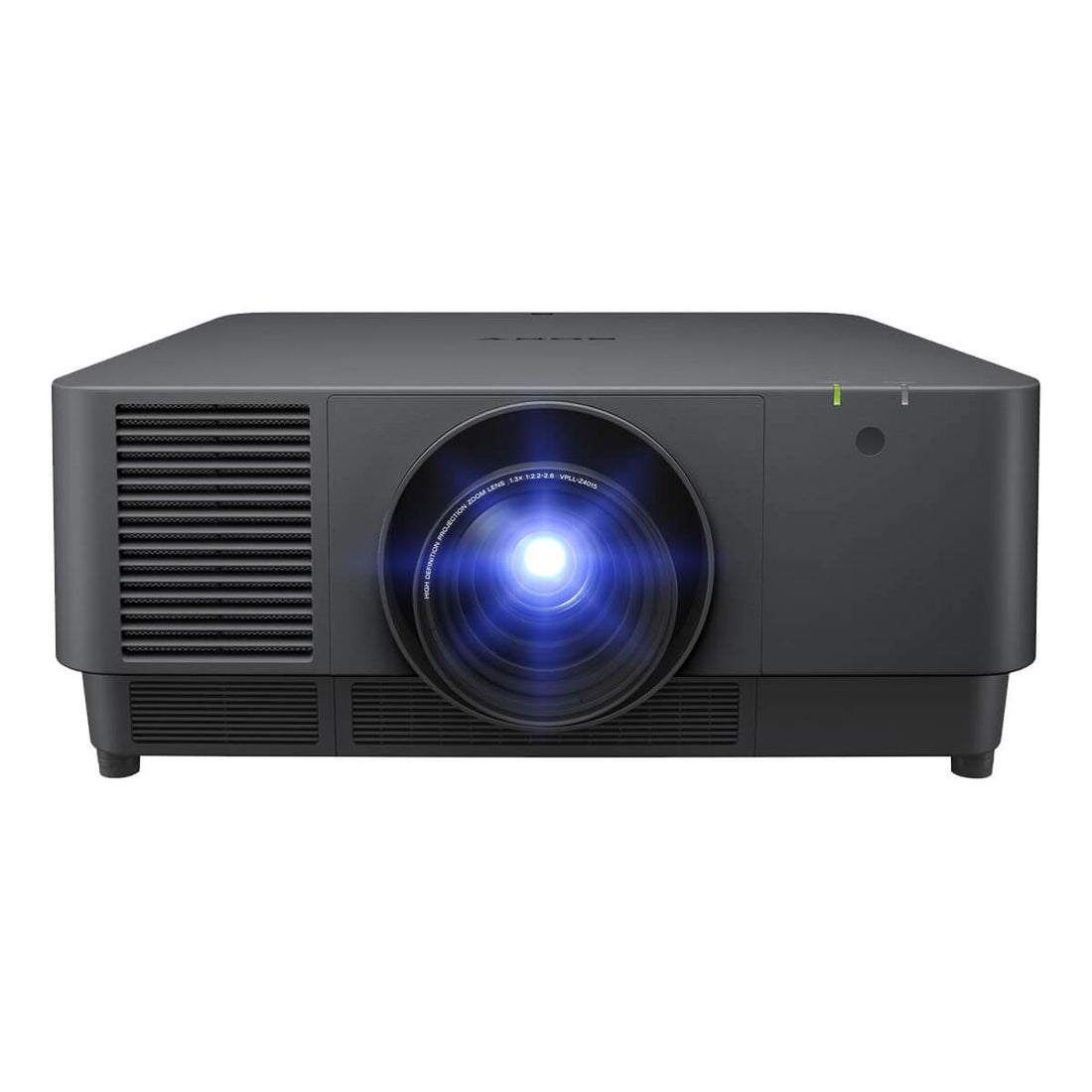 Front view of Sony 9000 Lumen WUXGA 3LCD Laser Projector, production equipment with sleek black body and control panel. – image 2