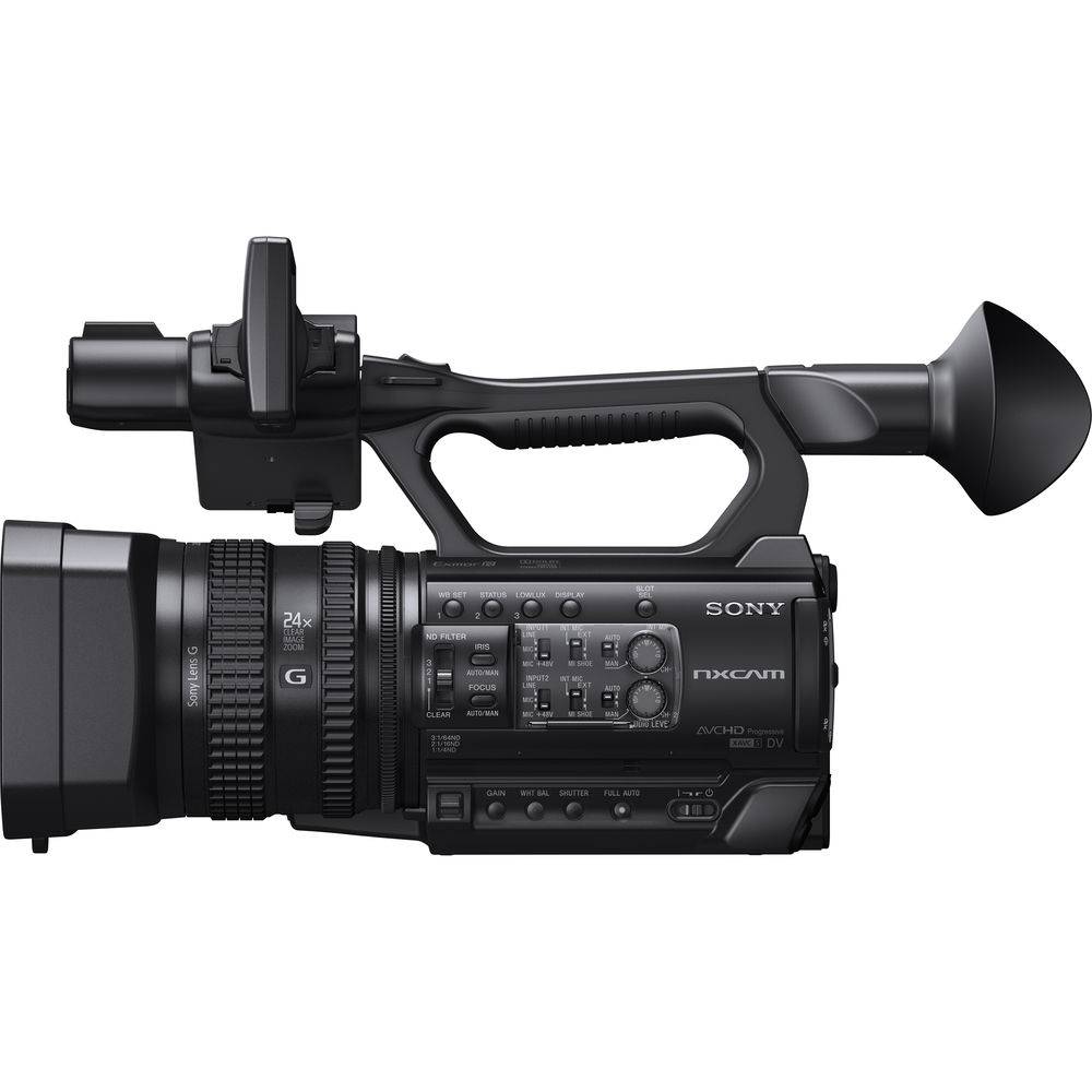 Sony HXR-NX100 Full HD NXCAM camcorder shown from side angle with lens and controls visible. – image 2