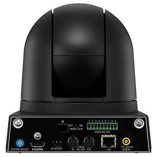 Sony SRG-300H 1080p PTZ camera in black, showing rear view with mounting options for desktop and ceiling installation. – image 2