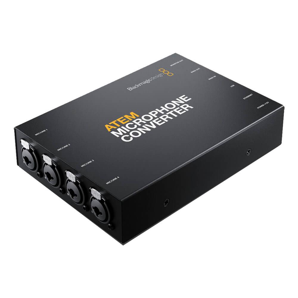 Blackmagic Design ATEM Microphone Converter video switcher device shown from side view with connection ports. – image 2