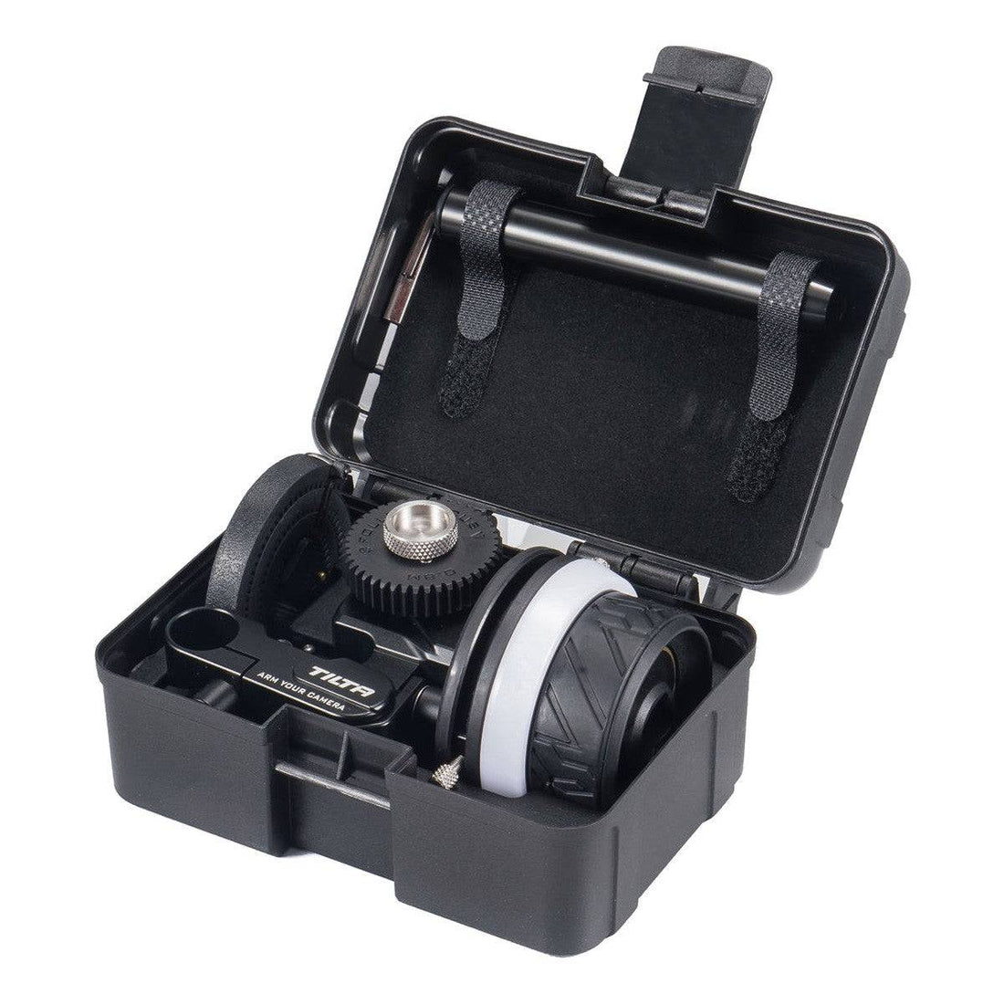 Tilta Mini Follow Focus for video cameras, compact and precise camera accessory, shown in protective case. – image 2