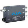 AJA V2Analog HD/SD-SDI to analog mini-converter capturing HD/SD-SDI signals into analog output, displayed with device and cables.