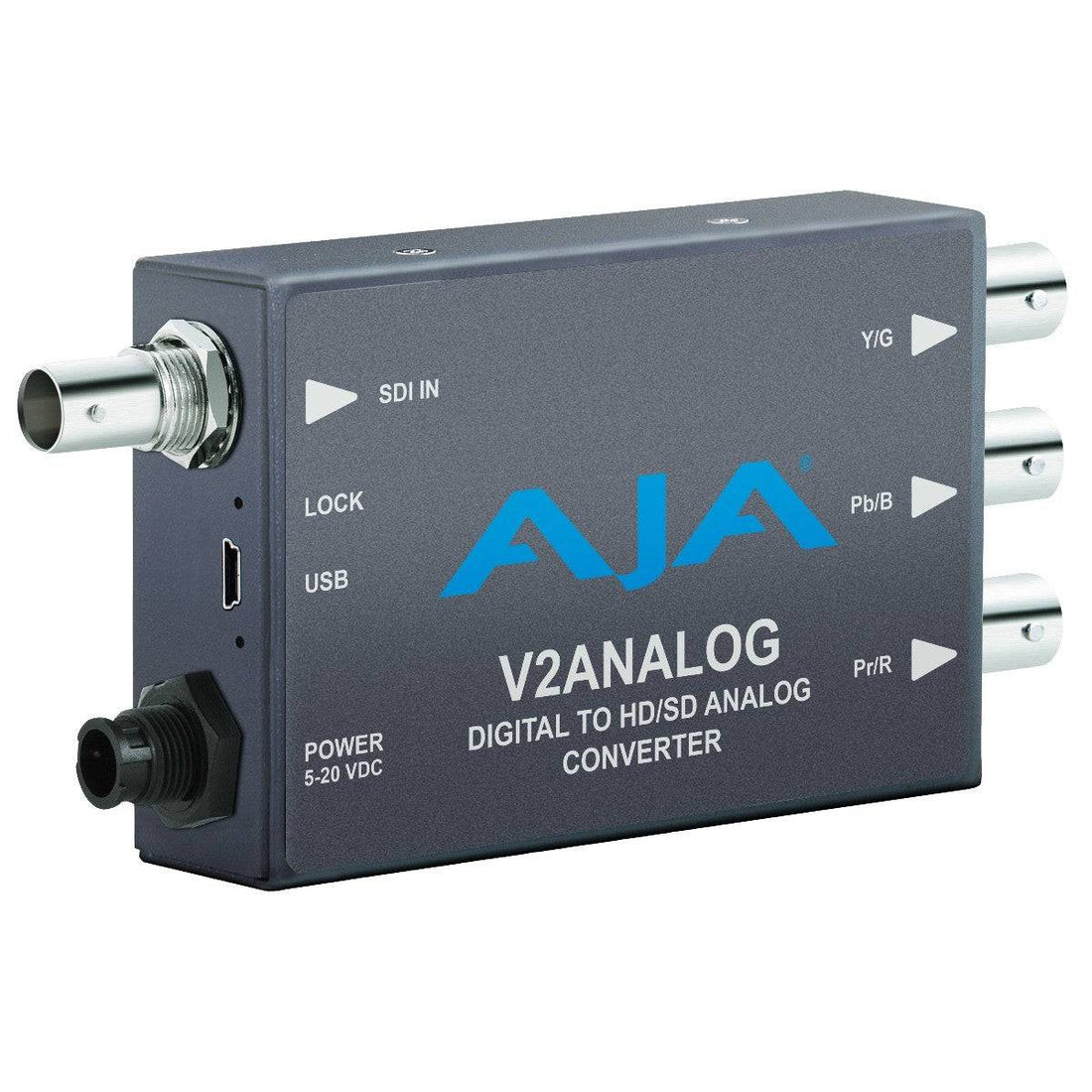 AJA V2Analog HD/SD-SDI to analog mini-converter capturing HD/SD-SDI signals into analog output, displayed with device and cables. – image 1