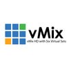 vMix HD Software for live streaming with six virtual sets, showcasing interface and virtual set options on computer screen.