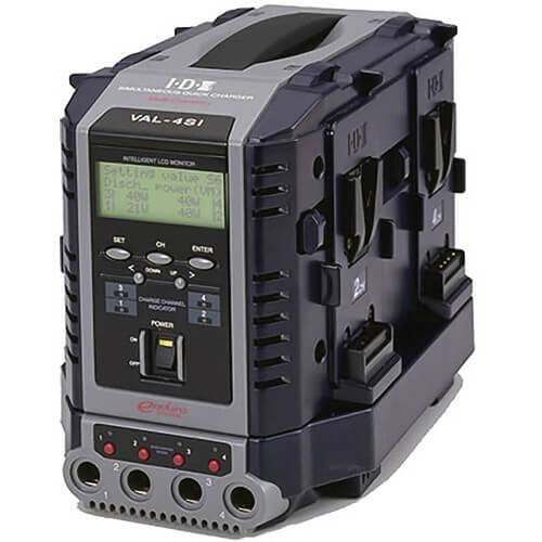 IDX System Technology VAL-4Si 4-channel Li-ion V-mount battery charger for video cameras, shown with multiple V-mount batteries. – image 1