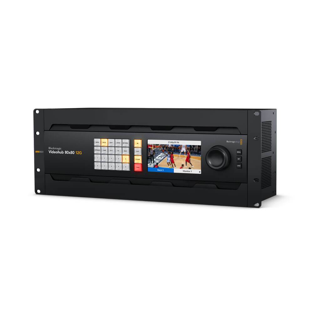 Blackmagic Design Videohub 80x80 12G video router with multiple input and output ports, shown from an angled view. – image 3