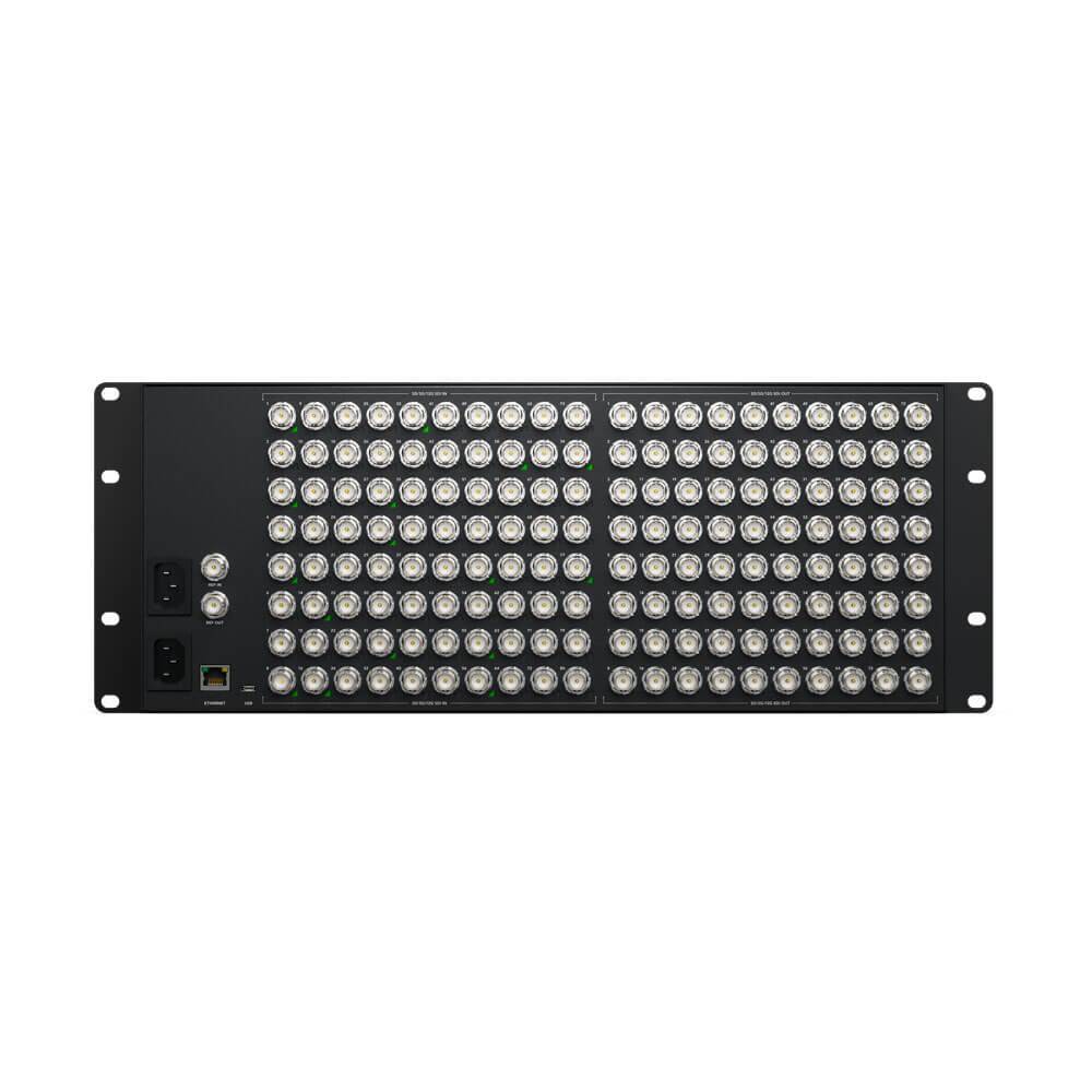 Blackmagic Design VideoHub 80x80 12G video router with rear view showing port connections and robust metal casing. – image 2