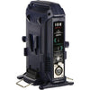IDX System VL-2X 2-channel V-mount charger with power supply for professional video camera batteries, shown with connected batteries.