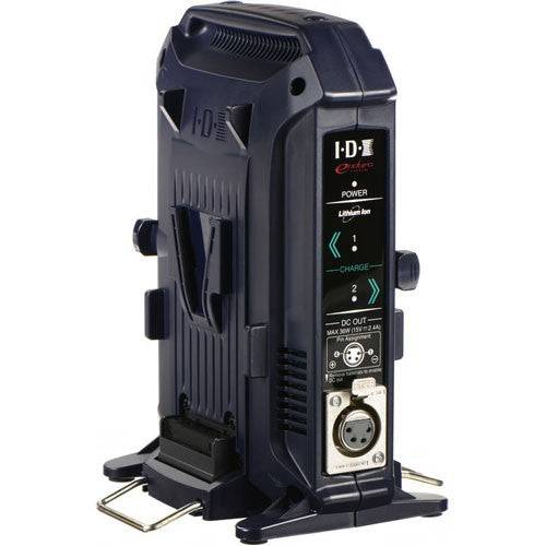 IDX System VL-2X 2-channel V-mount charger with power supply for professional video camera batteries, shown with connected batteries. – image 1