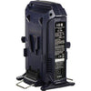 IDX System VL-2X 2-channel V-mount charger with power supply for video cameras, featuring sequential charging ports.