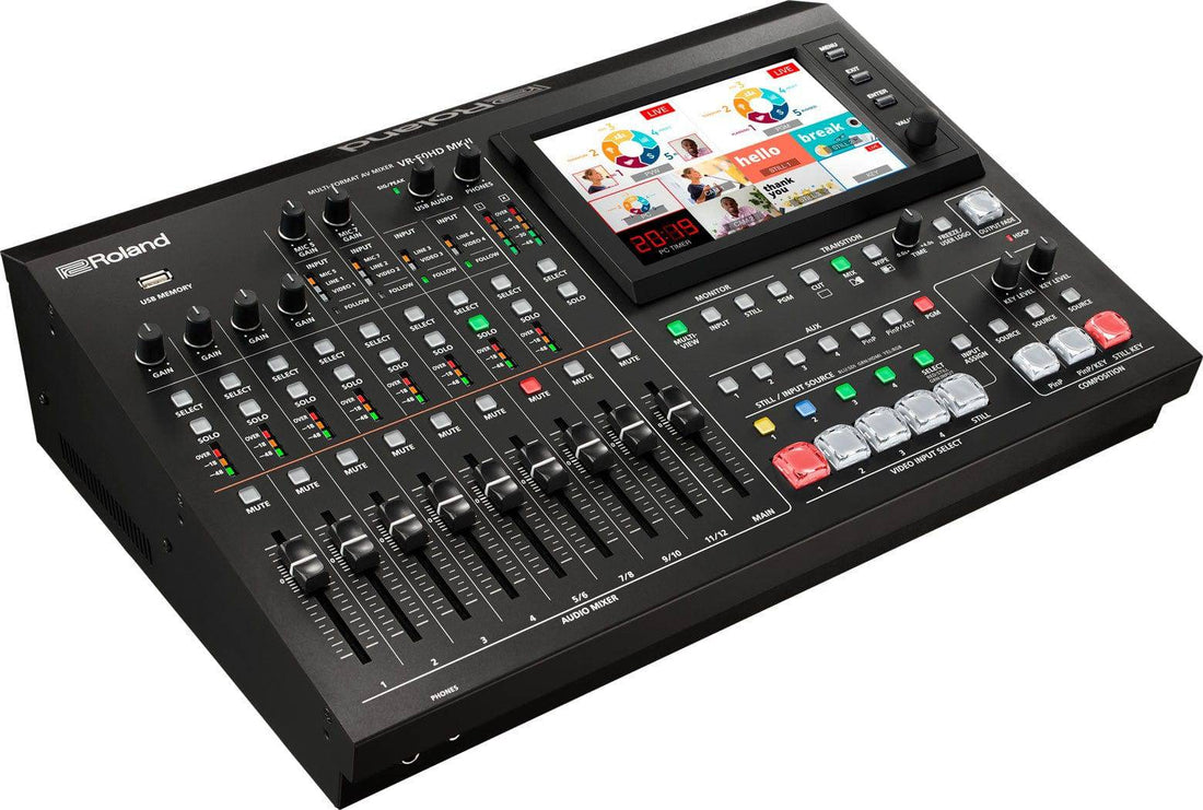 Roland VR-50HD MK II multi-format AV mixer with USB 3.0 streaming, view of top left section with controls and inputs. – image 3