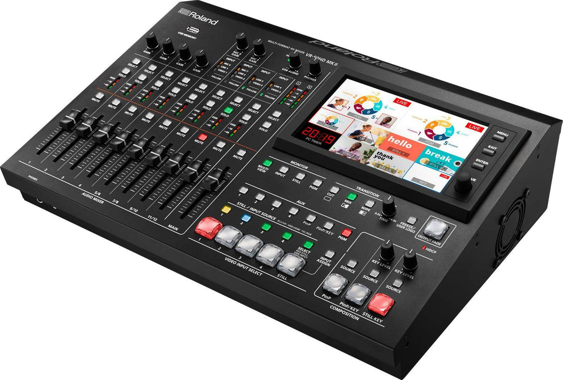 Roland VR-50HD MK II multi-format AV video switcher with USB 3.0 streaming, showing control panel and input ports from top right angle. – image 4