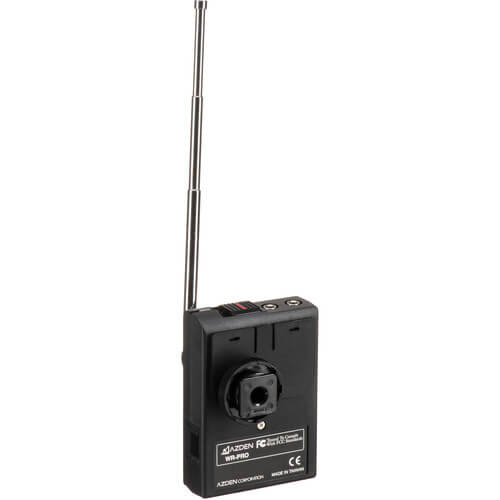 Azden WLX-PRO+i VHF wireless omni lavalier microphone system for smartphones, shown from the back with camera mount and controls. – image 4