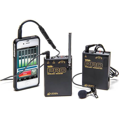 Azden WLX-PRO+i VHF camera-mount wireless omni lavalier microphone system for smartphones, shown mounted with microphone and receiver. – image 1