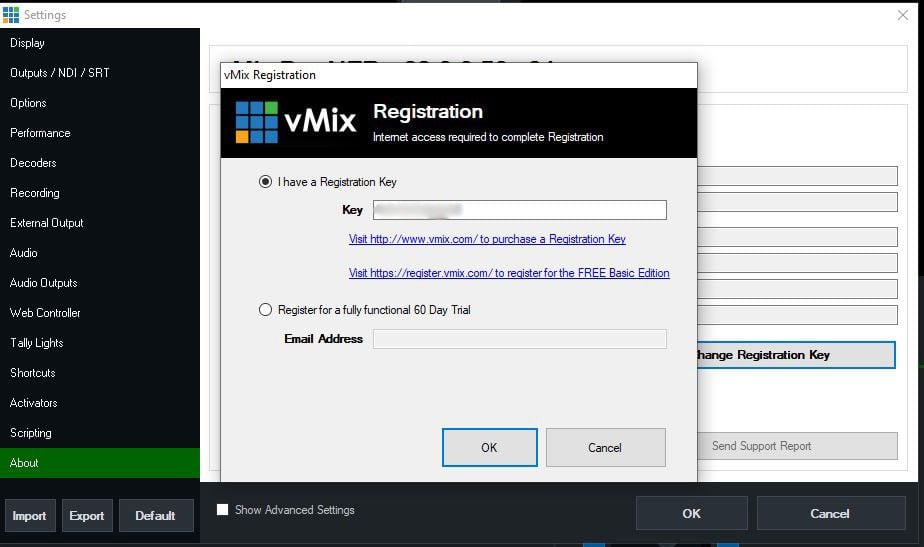 vmix change registration